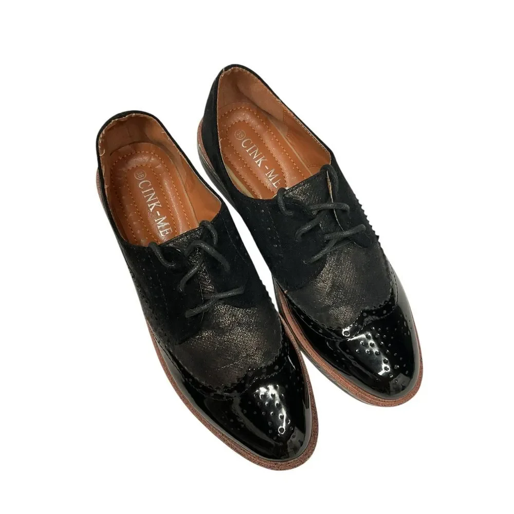 CINK-ME Patent Leather Oxford Platform Wingtip Brogue Shoes Black Texture Size 7